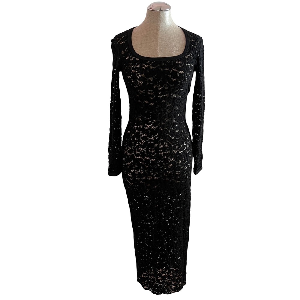Capucine Puerari Vintage 90s Black Floral Lace Long Sleeve Midi Dress S M